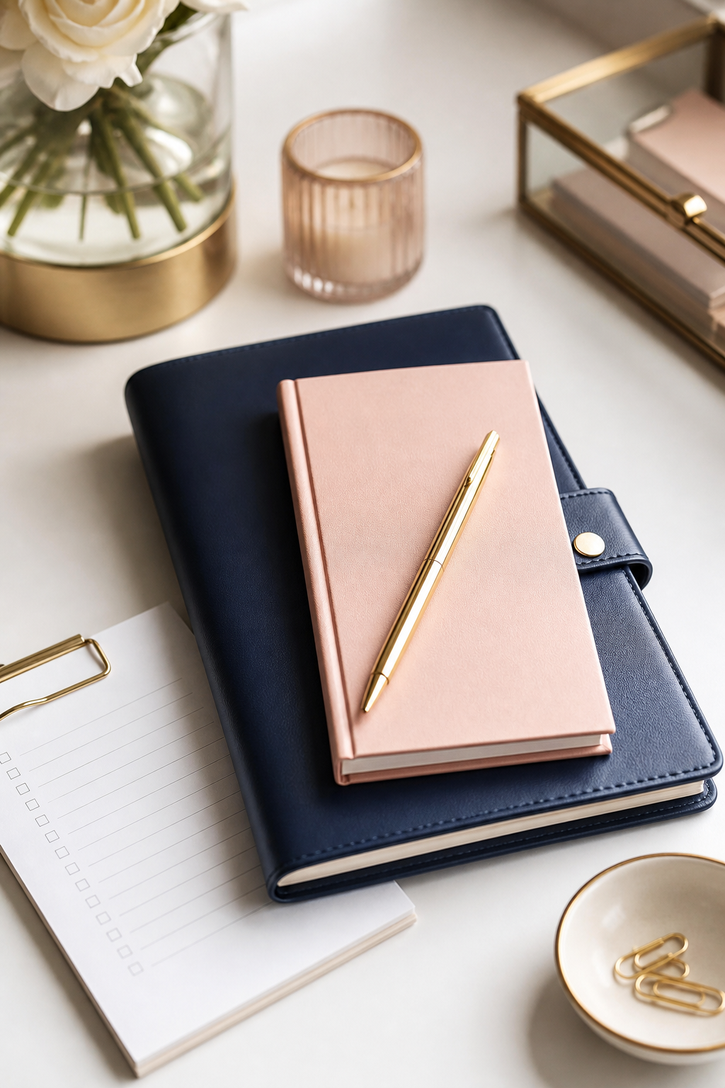Navy planner, blush notebook, gold pen, and organized desk details